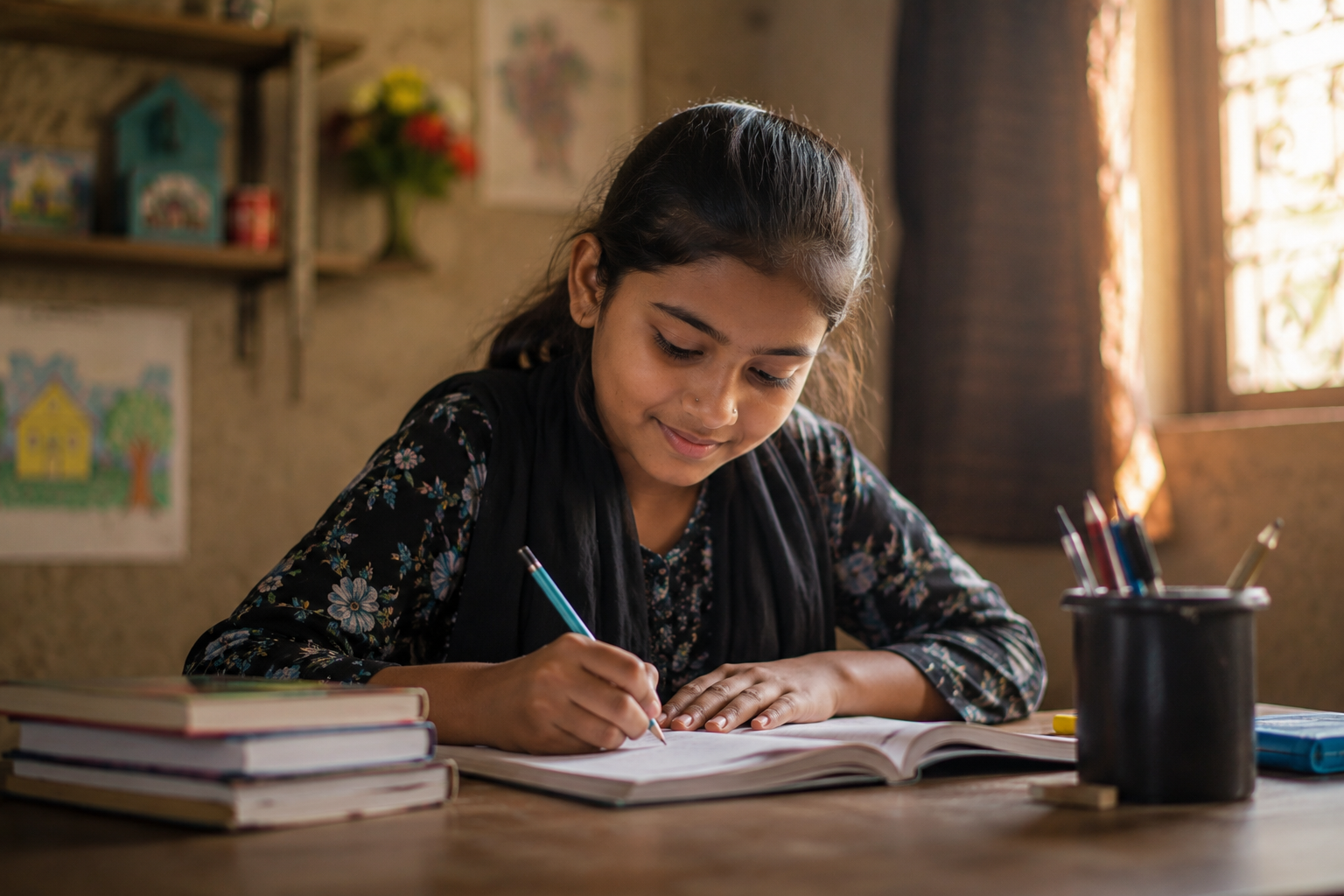 A child studying with focus and dedication, supported through educational resources